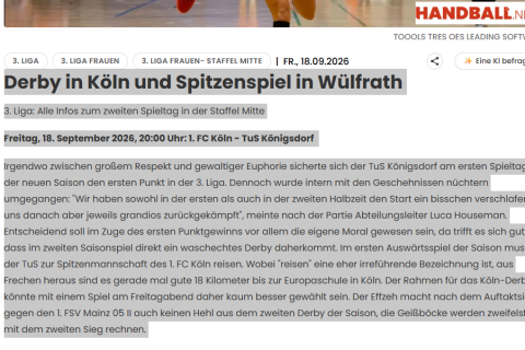 „Derby in Köln“ – handball.net berichtet über unsere 1. Damen